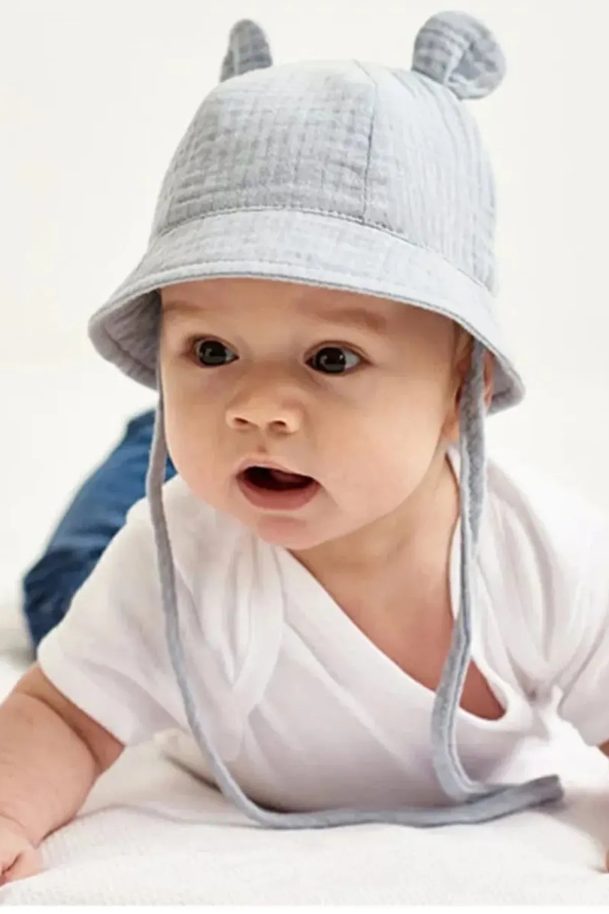 Ayıcık Detaylı Müslin Yazlık Bebek Fötr Şapka 0-2 Yaş