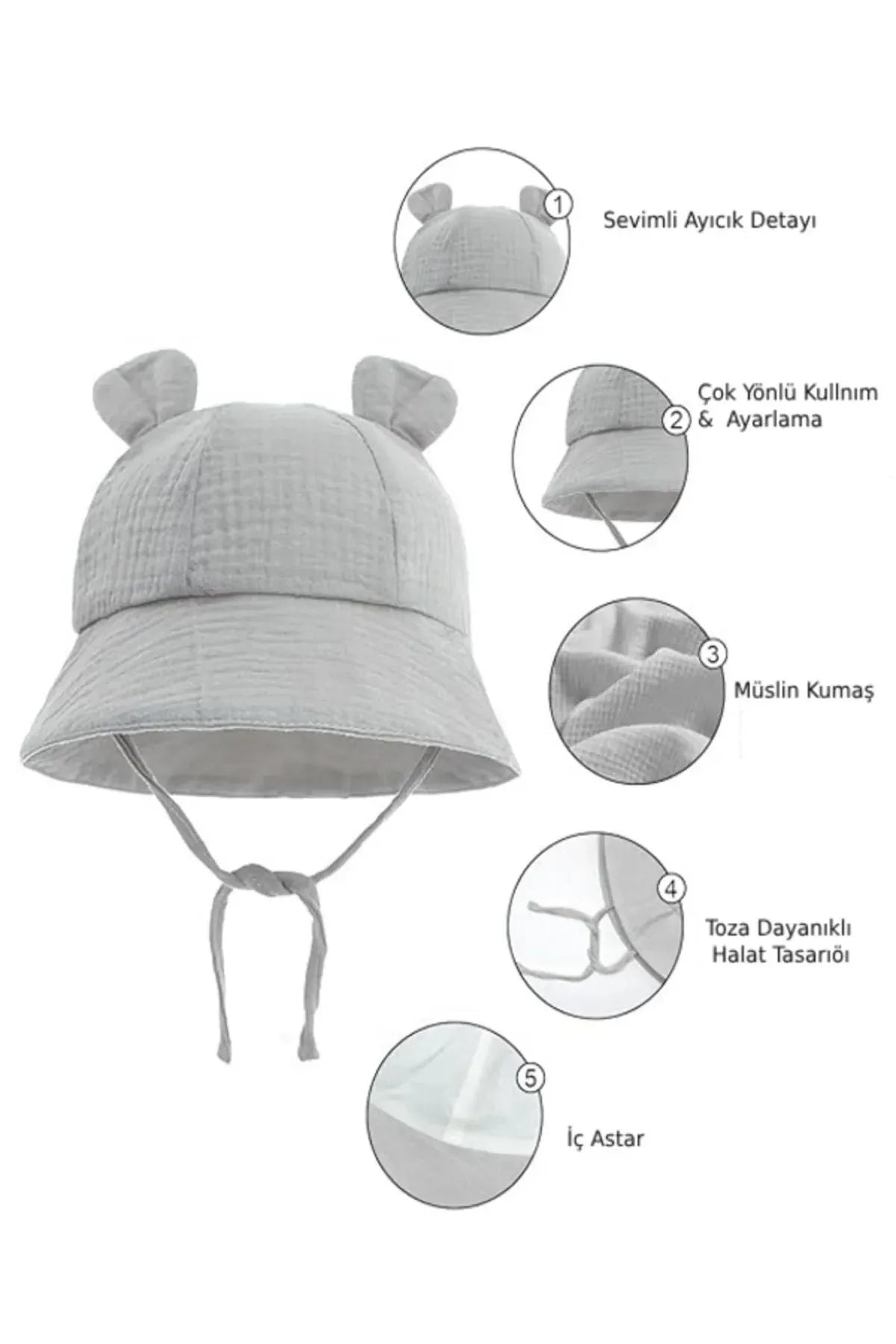 Ayıcık Detaylı Müslin Yazlık Bebek Fötr Şapka 0-2 Yaş