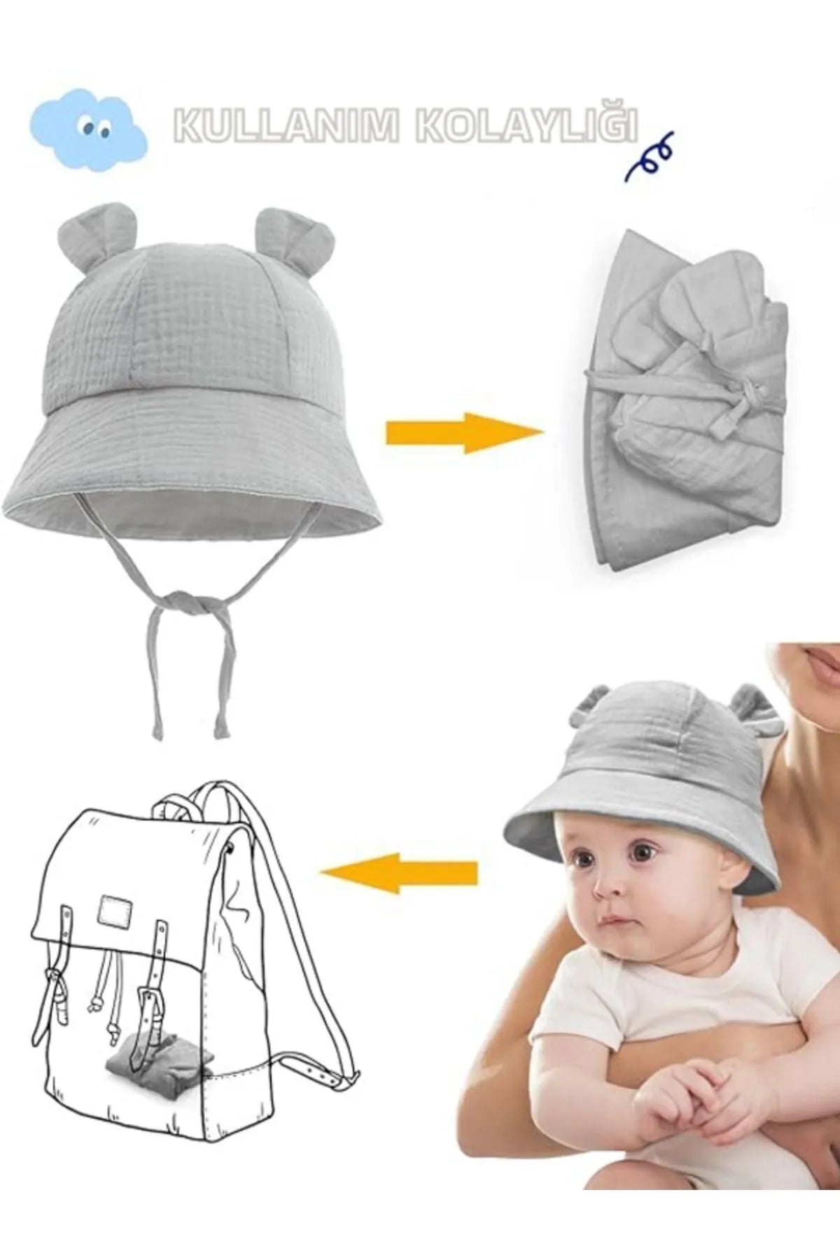 Ayıcık Detaylı Müslin Yazlık Bebek Fötr Şapka 0-2 Yaş