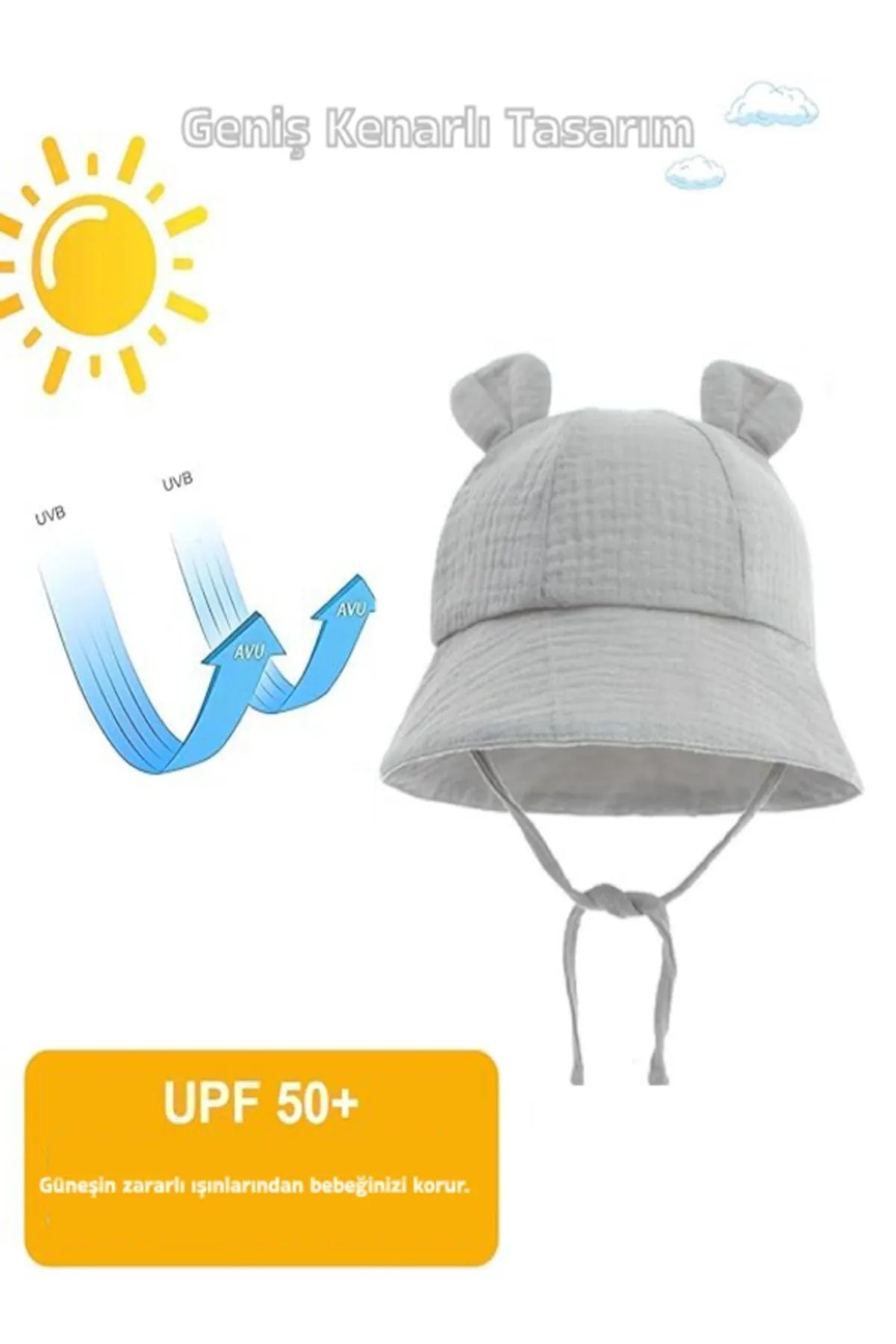 Ayıcık Detaylı Müslin Yazlık Bebek Fötr Şapka 0-2 Yaş