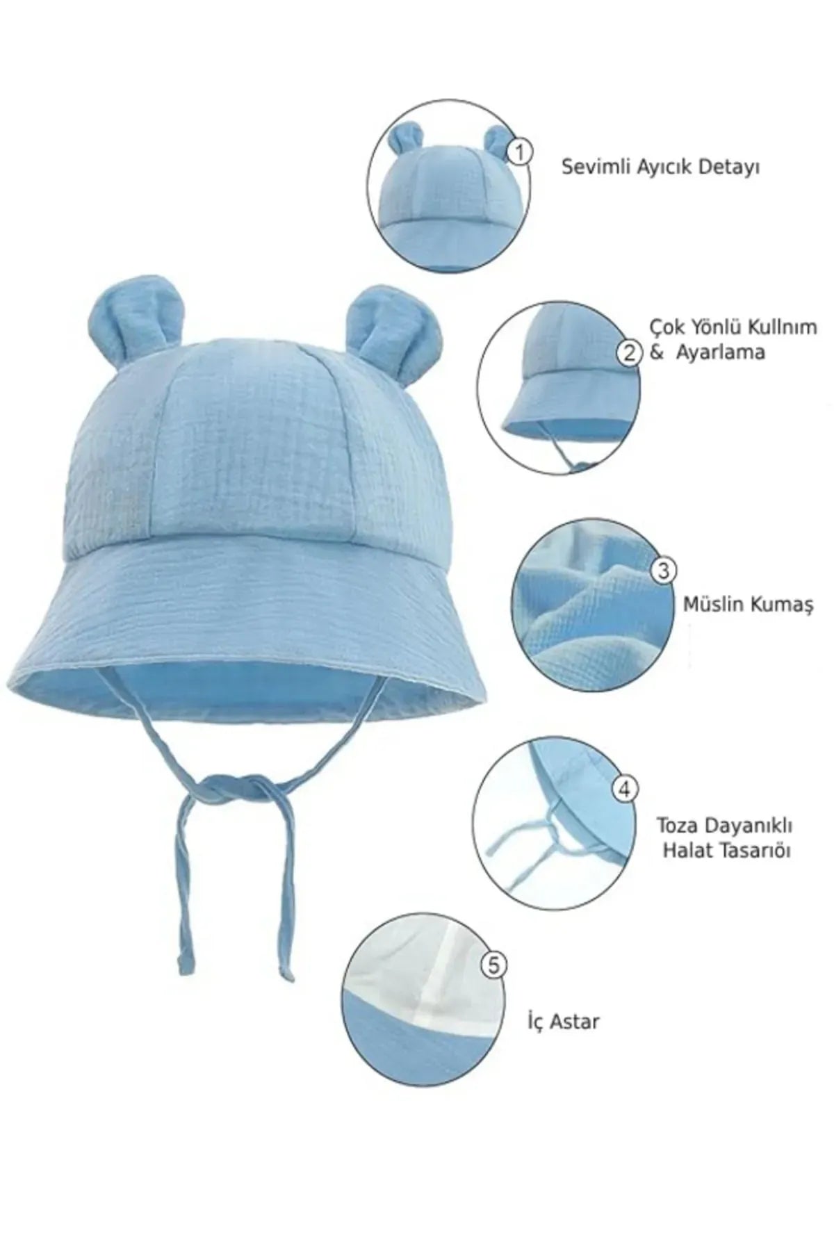 Ayıcık Detaylı Müslin Yazlık Bebek Fötr Şapka 0-2 Yaş
