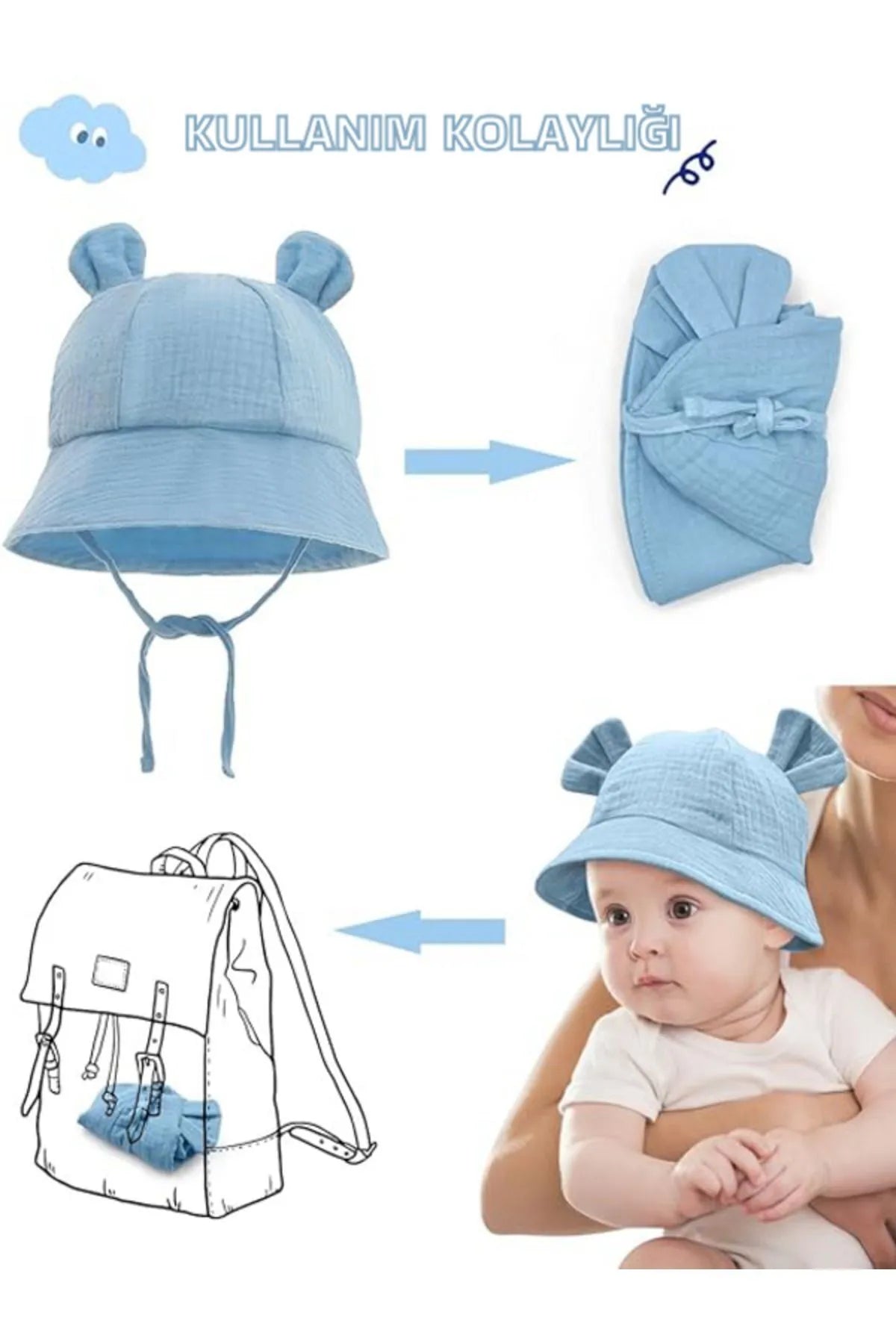 Ayıcık Detaylı Müslin Yazlık Bebek Fötr Şapka 0-2 Yaş