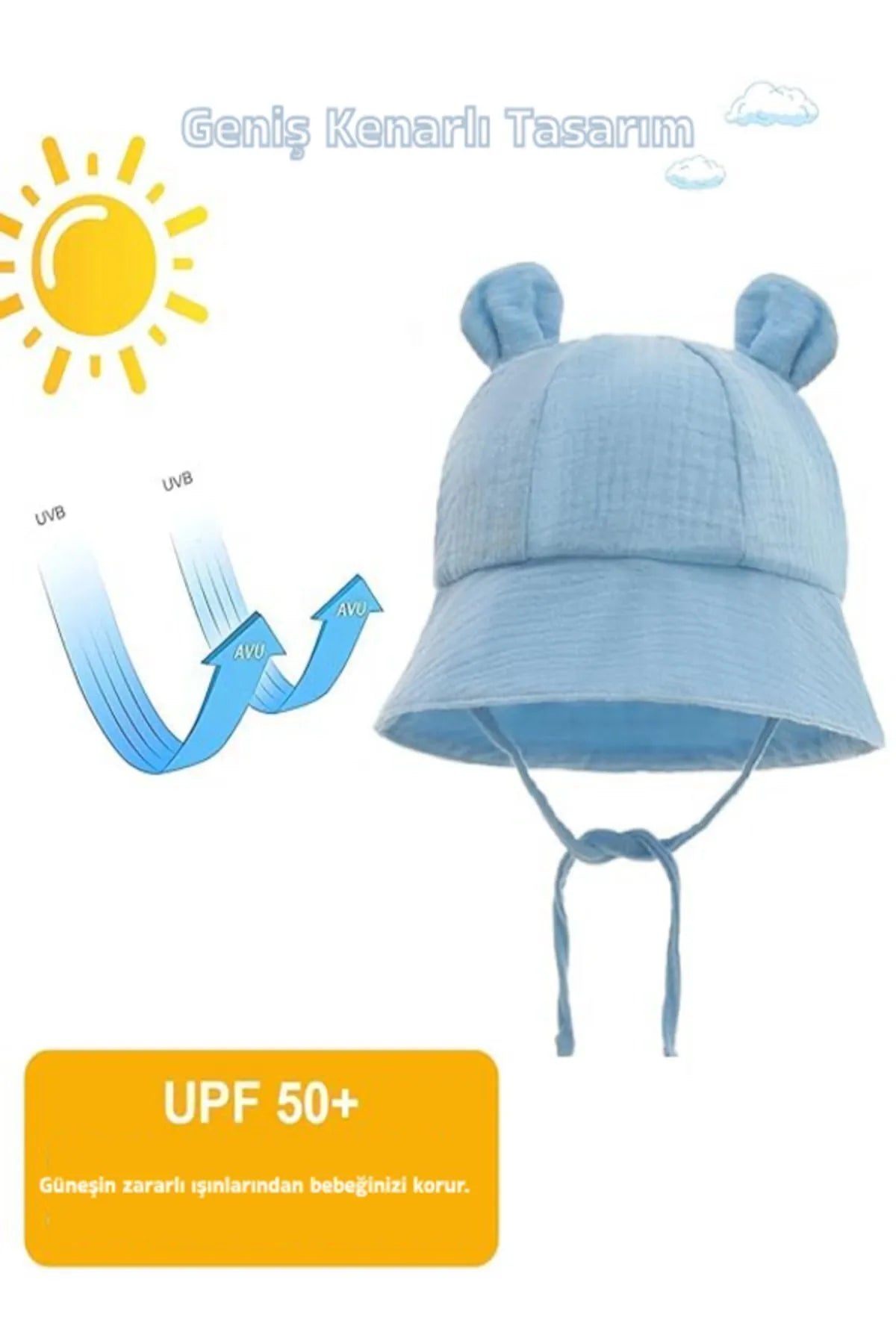 Ayıcık Detaylı Müslin Yazlık Bebek Fötr Şapka 0-2 Yaş